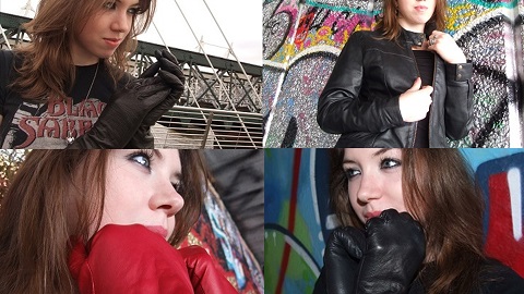 Girl wearing red leather jacket and black leather gloves