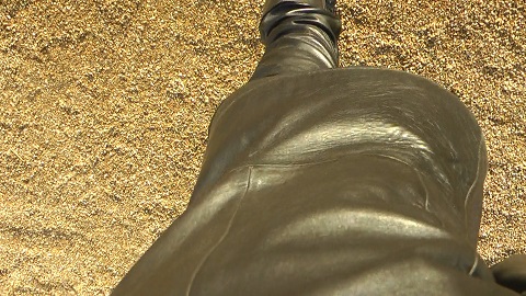 POV girl in leather pants and leather boots