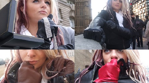 girls wearing long black leather gloves, short red leather gloves, and a black leather jacket